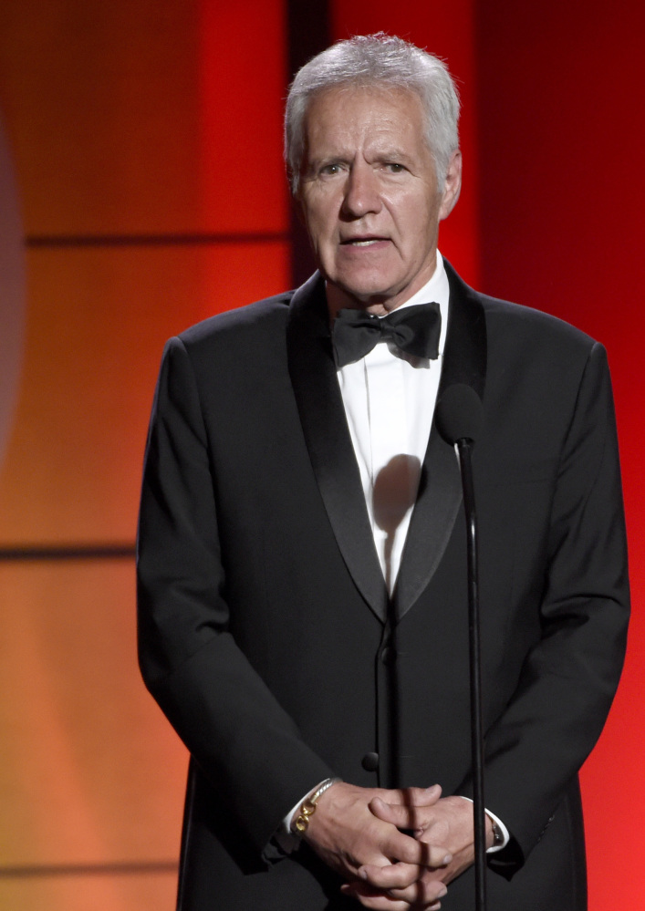 Alex Trebek speaks at the 44th annual Daytime Emmy Awards last April 30.