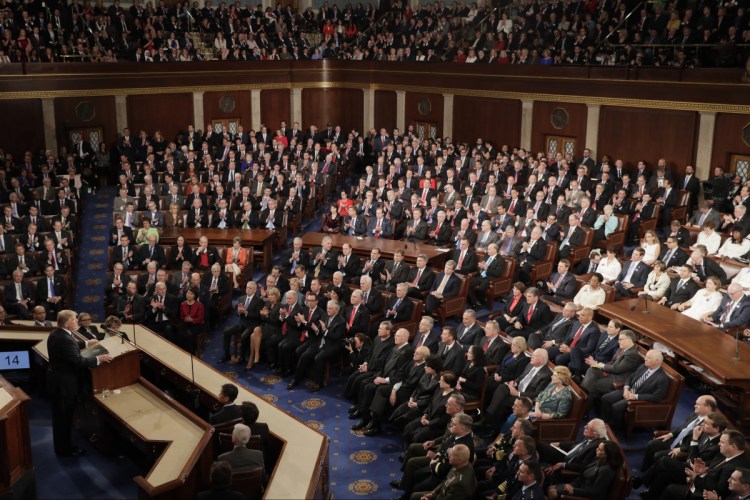 President Trump addresses a joint session of Congress on Capitol Hill in Washington last February. Trump will deliver his first State of the Union address on Tuesday.