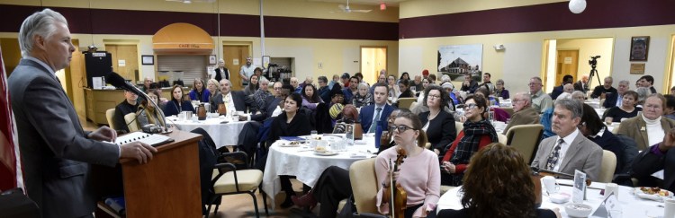 Colby College President David Greene gives the keynote address during the 32nd annual Martin Luther King Jr. Community Breakfast at the Muskie Center in Waterville on Monday. Greene called the controversy over school funding in Waterville "not our finest moment" and that equal access to quality education is essential.