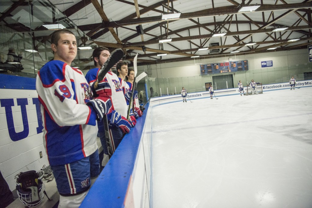 Staff photo by Michael G. Seamans 
 The Messalonskee boys hockey team has been hampered by low numbers this season.