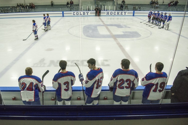Staff photo by Michael G. Seamans 
 Small numbers have hampered the Messalonskee High School hockey program this year. The Eagles have 11 players on their roster.