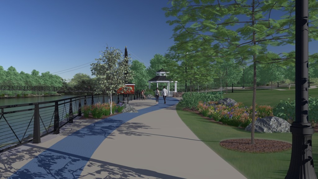 Waterville's projected riverwalk, as designed by Mitchell & Associates of Portland. A recent donation has brought the project halfway to its total estimated cost of $1.5 million.