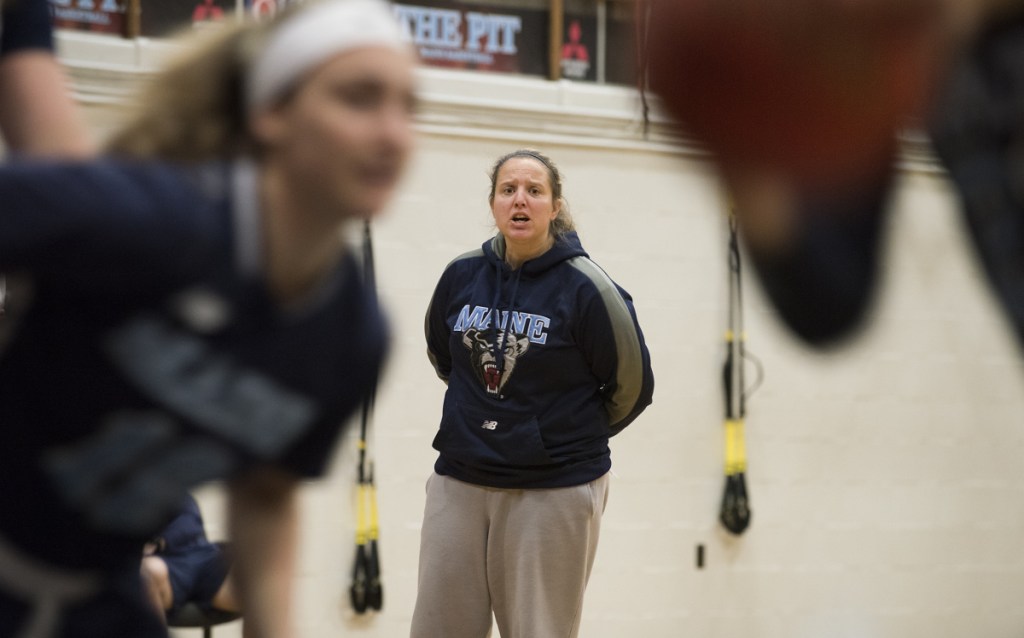 University of Maine interim women's basketball coach Amy Vachon watches a recent practice in Orono.