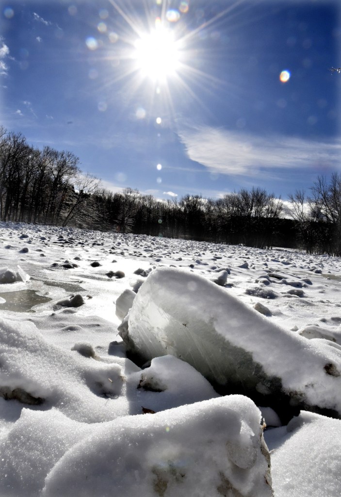 Mike Smith, emergency management director for Somerset County, said officials are keeping their eyes on a significant ice jam in the Carrabassett River off Katie Crotch Road in Embden, where these chunks of ice are piling up.