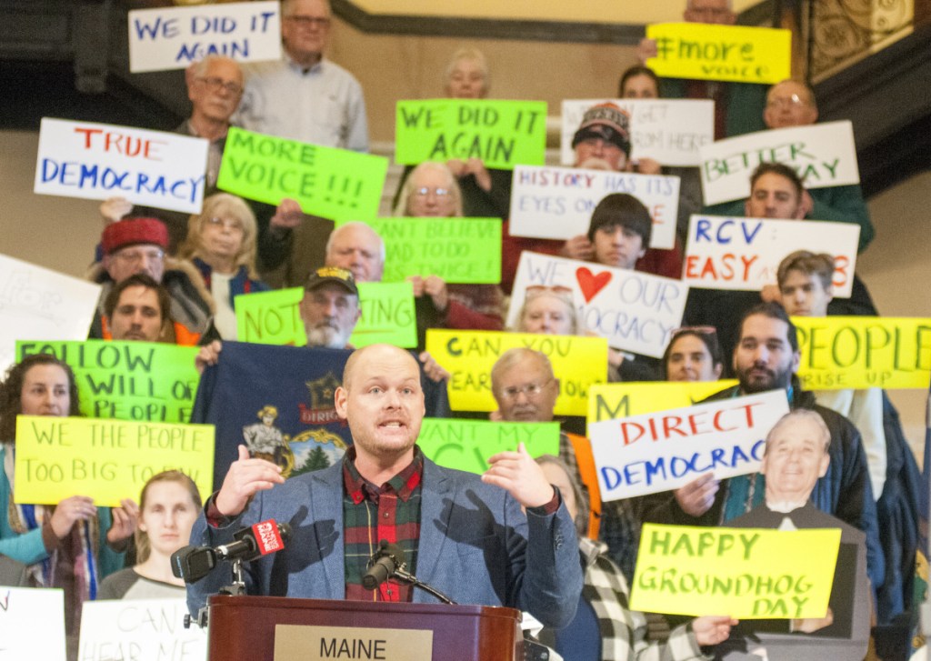 Kyle Bailey, campaign manager for the Committee for Ranked Choice Voting, speaks at a rally Feb. 2 at the State House in Augusta.