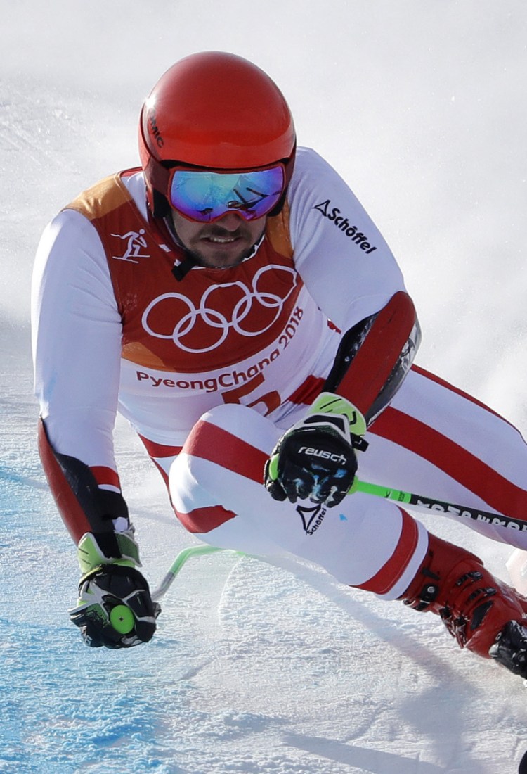 Marcel Hirscher of Austria heads down the hill on his first run Sunday on the way to a dominating victory in the men's giant slalom.