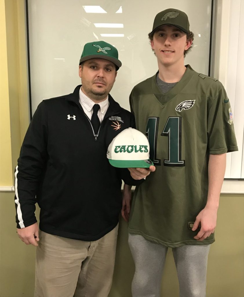 Thomas College pitching coach Peter Kirby, left, and freshman pitcher Ryan Scepansky are both from the Philadelphia area and are Eagles' fans.