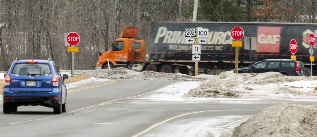 The intersection of U.S. Route 202 and Main Street is seen Tuesday in Winthrop. Local officials are asking the state Department of Transportation to review the new traffic pattern after a recent spike in crashes.