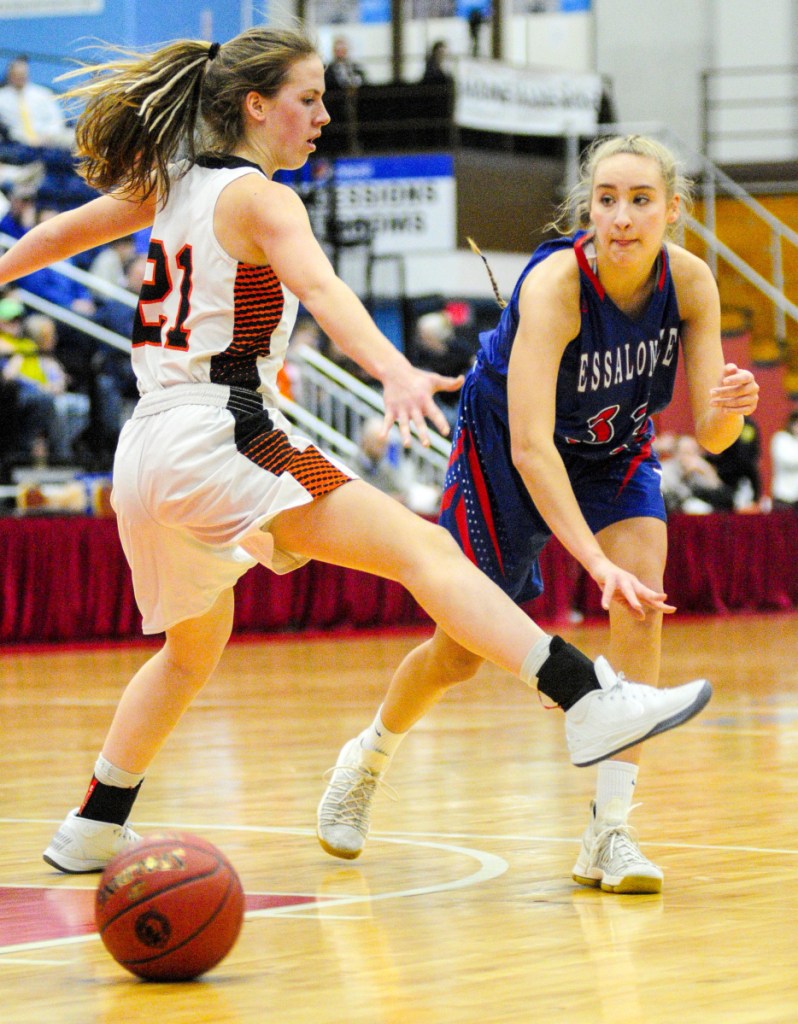 Skowhegan junior forward Annie Cooke tries to block a pass by Messalsonkee's Ally Turner during a Class A North semifinal game Wednesday at the Augusta Civic Center.