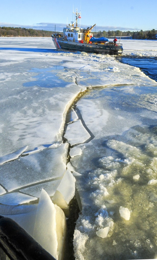 The U.S. Coast Guard Cutter Bridle breaks ice Jan. 24 on the Kennebec River just south of Chop Point in Woolwich.