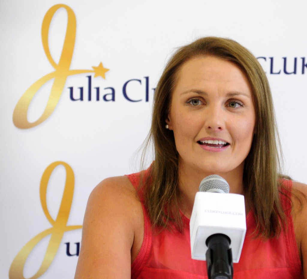 Julia Clukey of Augusta announces her retirement from luge during a 2016 news conference at the Kennebec Valley YMCA in Augusta.