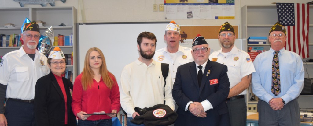 From left are Greg Couture, Post 9; Debra Couture, Post 9; Brianna Gamage, placed second; Kyle Woods, placed first; Roger McLane; Roger Emmons; Roger Line, Post 9; and Ted Smith, Post 9.