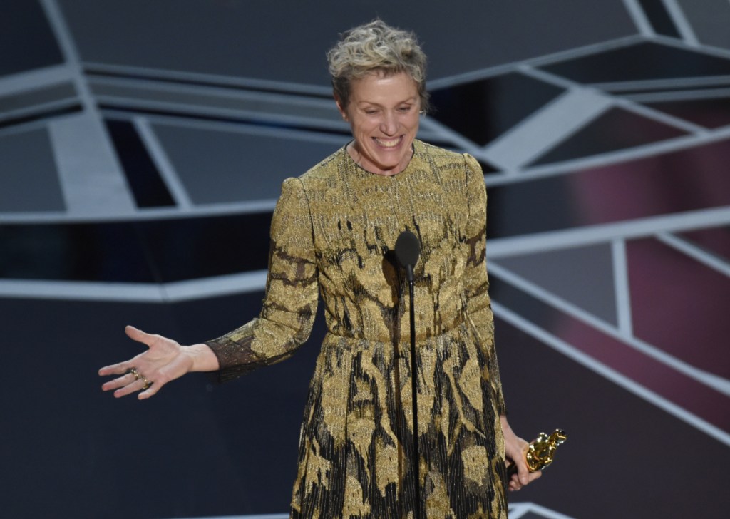 Frances McDormand accepts the award for best performance by an actress in a leading role for "Three Billboards Outside Ebbing, Missouri" at the Oscars on Sunday.