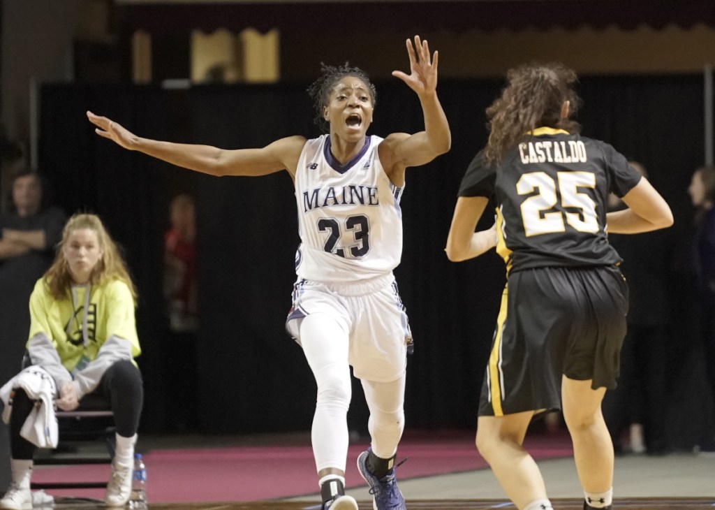 PORTLAND, ME - MARCH 3: Tanesha Sutton plays aggresive defense against Laura Castaldo of the University of Maryland-Baltimore County in an American East quarterfinal game at the Cross Insurance Arena on Saturday, March 3, 2018. (Staff photo by Gregory Rec/Staff Photographer)