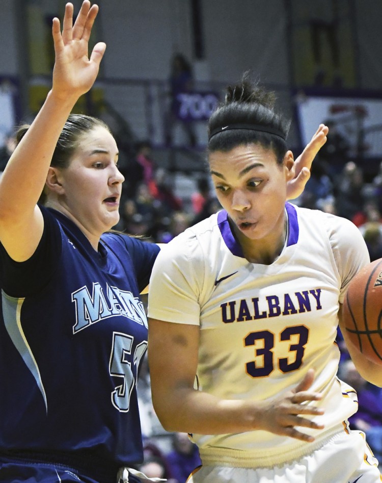 Fanny Wadling, left, will be a key player Saturday for Maine in the first round of the NCAA tournament against Texas, as the Black Bears' only post player in a starting lineup that includes four guards.