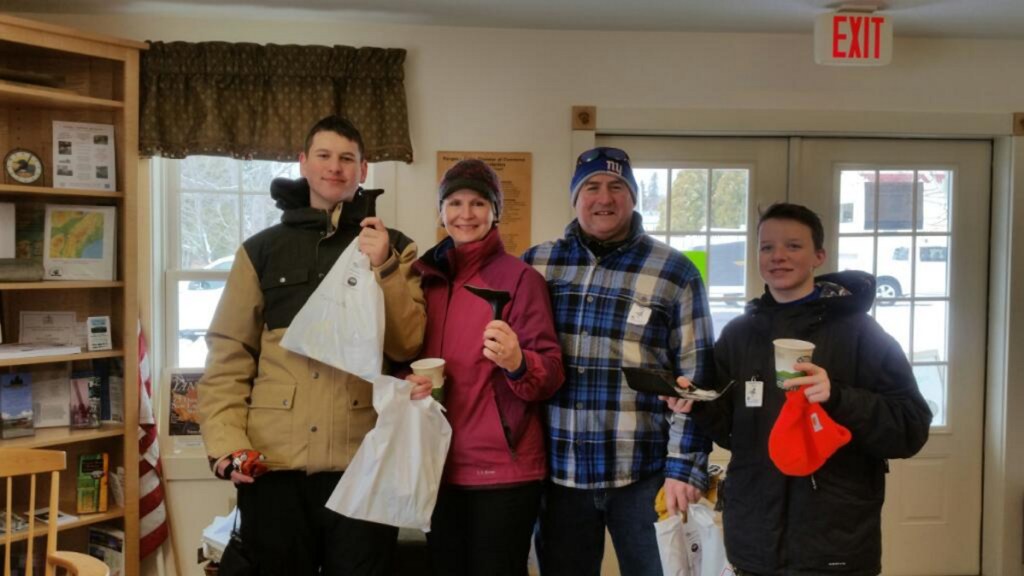 Frying Pan Toss winners, all from the Clancy family, from left, Will Clancy for youth; Maureen Clancy for women; and Pete Clancy for men. Brother Joe was there for support.