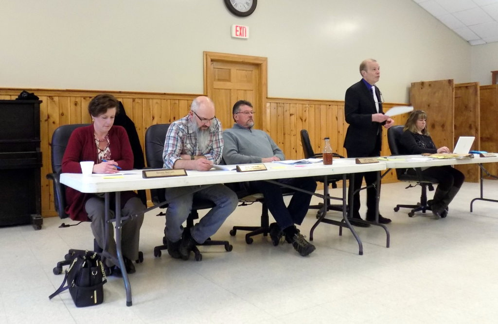 Officials at the 2017 Industry Town Meeting are, from left, Third Selectman Dovey Balsam, Second Selectman Rob Geisser, First Selectman Lee Ireland, Moderator Paul Mills and Municipal Clerk/Treasurer Angelina Davis.