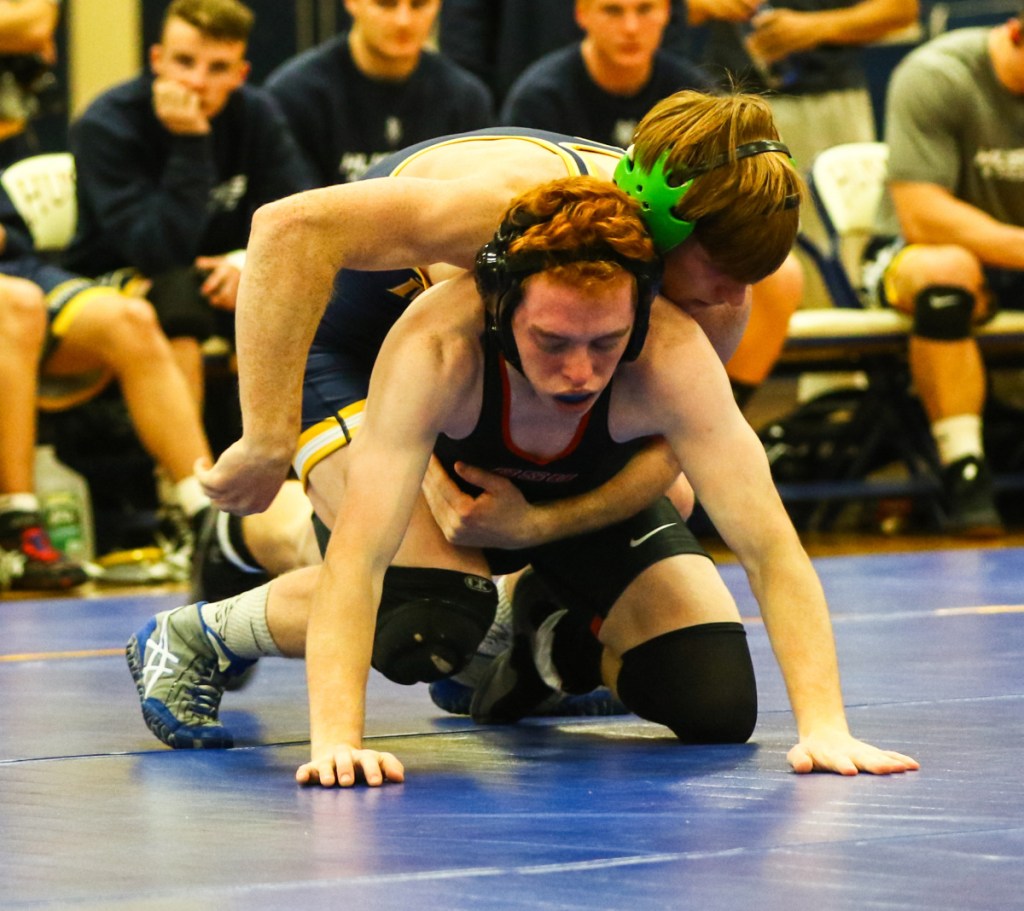 Contributed photo/USM athletics 
 University of Southern Maine sophomore Peter Del Gallo wrestles Bridgewater State's Shawn Ferrell in a 125-pound match on Nov. 4 in Gorham. Del Gallo pinned Ferrell in 48 seconds.