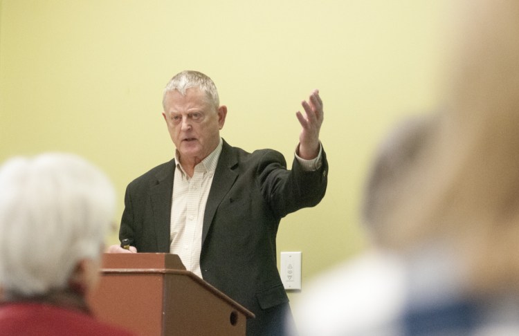 Nick Mills speaks about American military interventions during a lunchtime event Wednesday at The Holocaust and Human Rights Center of Maine on the University of Maine at Augusta.