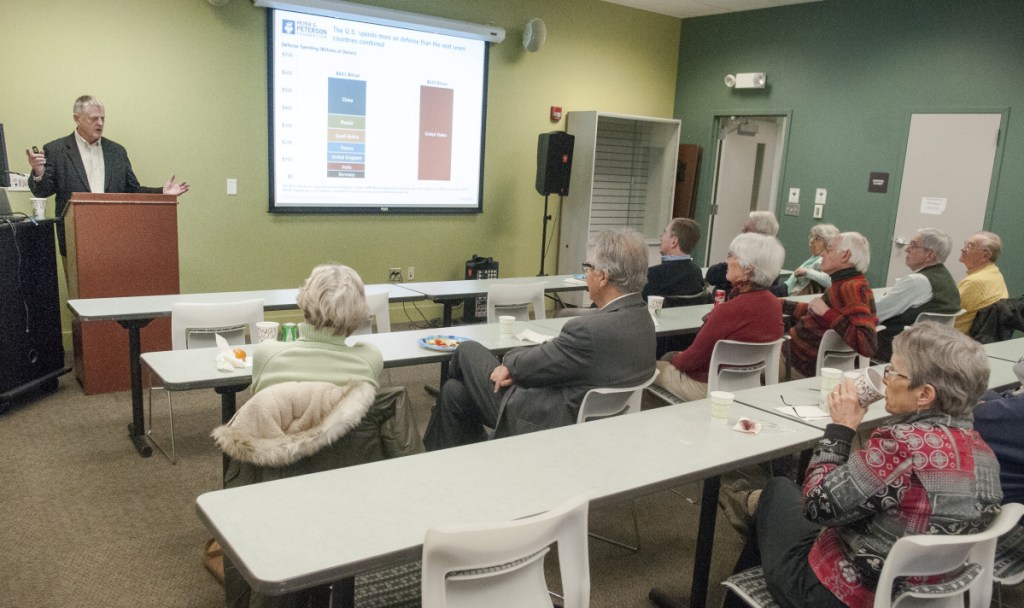 Nick Mills speaks about American military interventions during a lunchtime event Wednesday at The Holocaust and Human Rights Center of Maine on the University of Maine at Augusta.