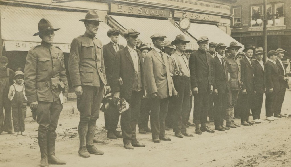 One of the many historical photographs in the Maine State Museum's World War I exhibit is this 1917 recruiting activity in Livermore Falls.