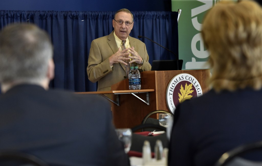 Staff Photo by David Leaming
Gov. Paul LePage outlines his legislative agenda for the rest of his term during a breakfast meeting Thursday with the Mid-Maine Chamber of Commerce at Thomas College in Waterville.