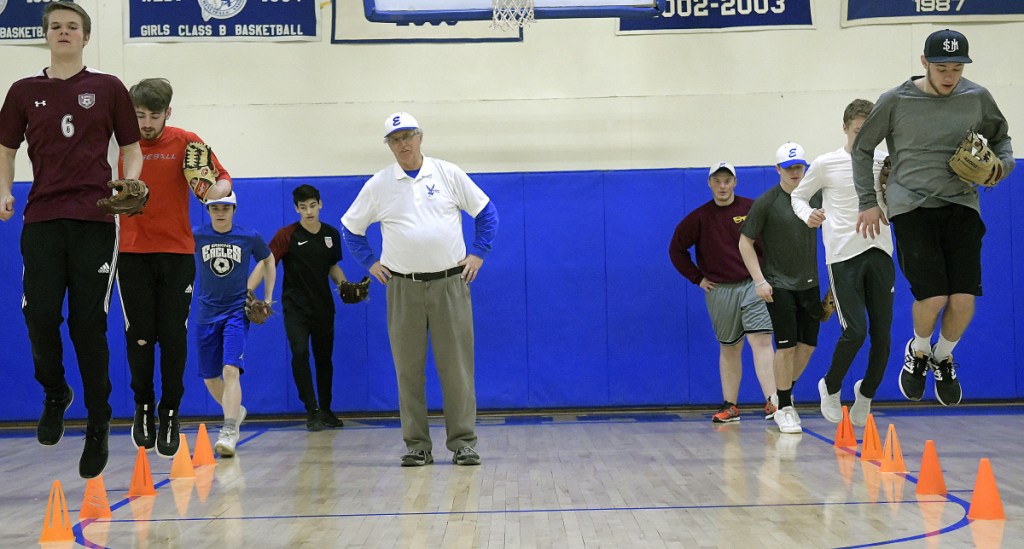 Erskine baseball players work through a conditioning drill during practice Monday afternoon in South China.