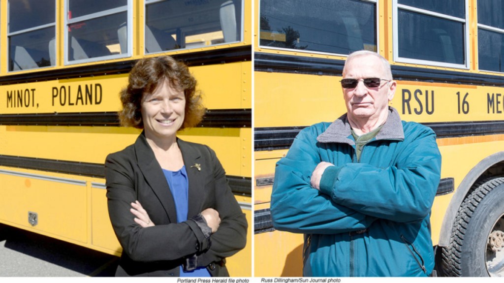 Mike Downing, right, stands in the Regional School Unit 16 bus depot on Tuesday afternoon in Poland. Downing was fired several weeks ago for using racist and sexist slurs and has since been elected to the board of the school system that fired him. RSU 16 Superintendent Tina Reserve, left, would not comment on personnel issues.