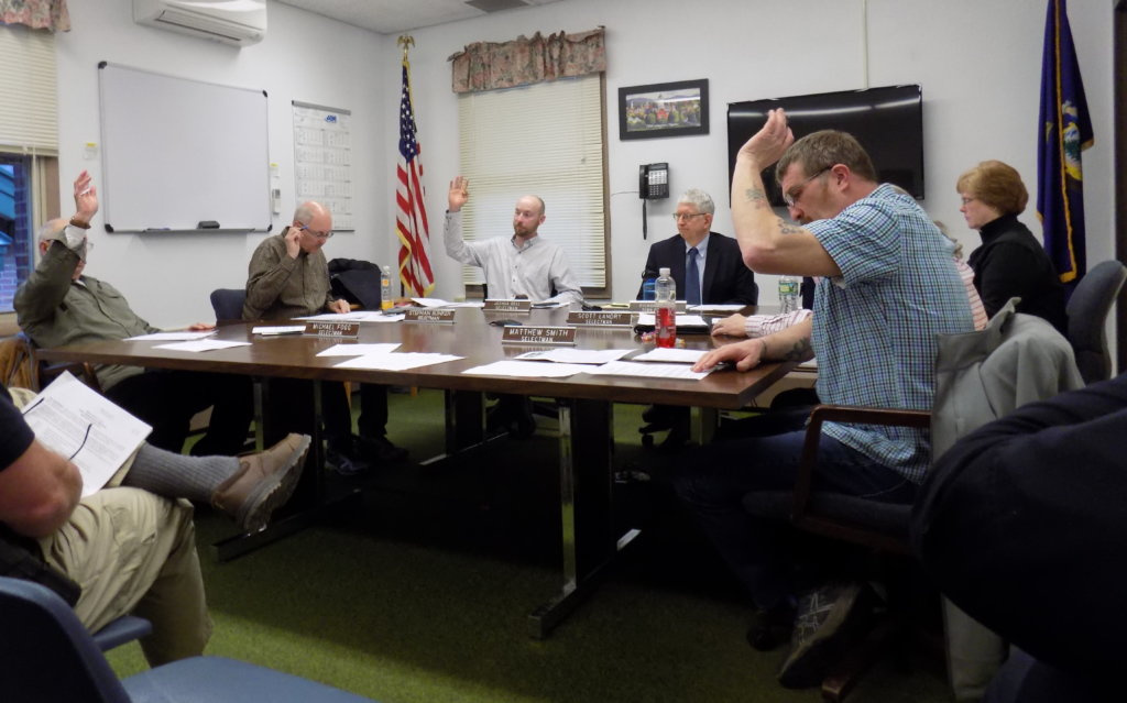 Farmington selectmen Tuesday night approved the low bid for a replacement cruiser for the Police Department. From left, Selectmen Michael Fogg and Stephan Bunker, Selectmen Chairman Joshua Bell, Town Manager Richard Davis, Town Secretary Linda Grant and Selectmen Scott Landry (hidden) and Matthew Smith.