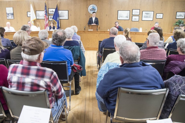 Waterville Mayor Nick Isgro opens the City Council meeting Tuesday in the council chamber in Watervile. In the first of two votes, the council approved funding construction of a boardwalk at Head of Falls.