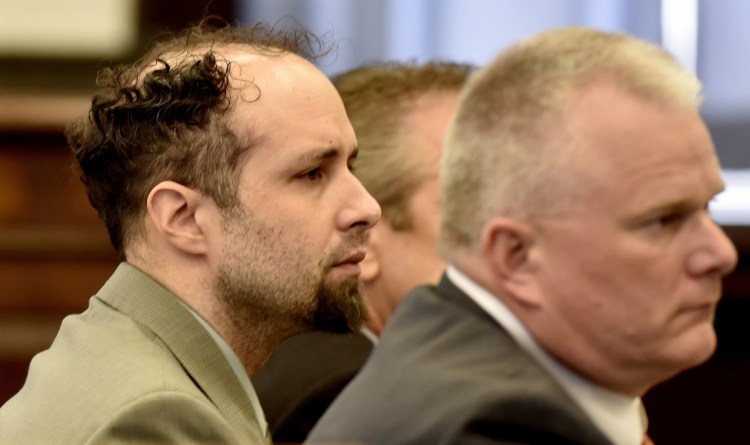 Luc Tieman, left, and attorney Stephen Smith listen to testimony Monday in Somerset County Superior Court in Skowhegan. Tieman is accused of murder in the death of his wife, Valerie Tieman.