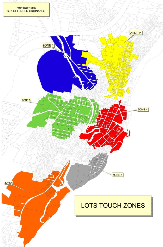 City Assessor Paul Castonguay created this map outlining the 750-foot line from properties selected in the ordinance, including schools, parks and municipal polls.