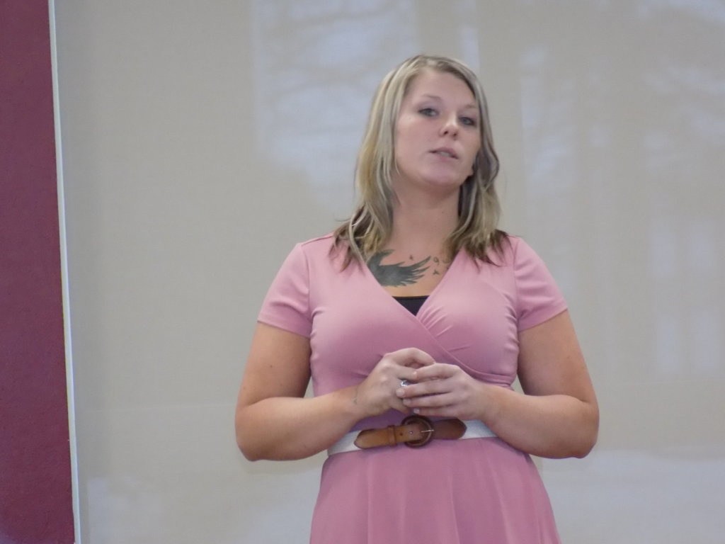 Courtney Allen told her story of recovery recently to those attending the University of Maine at Farmington's forum on addiction. Allen said she overdosed three times in one week, but the worst day of her life — when she signed her two children over to foster care — became the best day of her life, as it set her on the road to recovery.