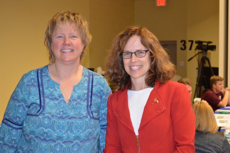 RSU 9 board Chairwoman Jennifer Zweig-Hebert, of Starks, left, stands with current RSU 16 Superintendent Tina Meserve, of Livermore. Meserve was hired Thursday night as the new superintendent for the Mt. Blue Regional School District, beginning July 1.