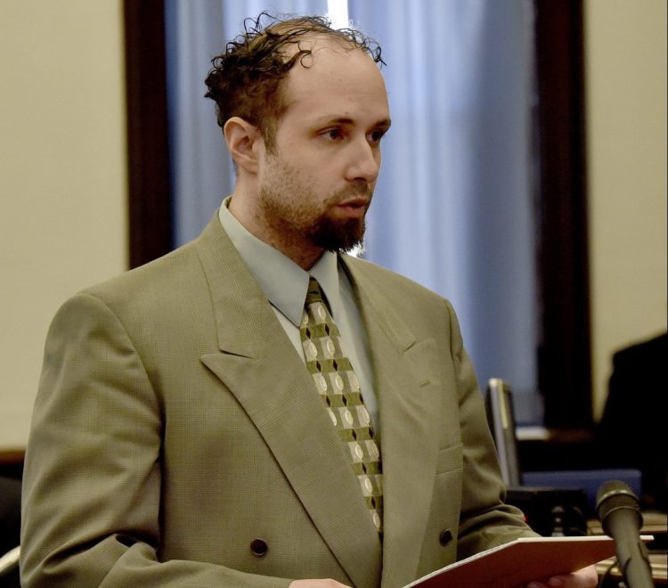 Luc Tieman looks directly at the jury while delivering his own closing statements in Somerset County Superior Court in Skowhegan on Monday. He is charged in connection with the 2016 killing of his wife, Valerie.