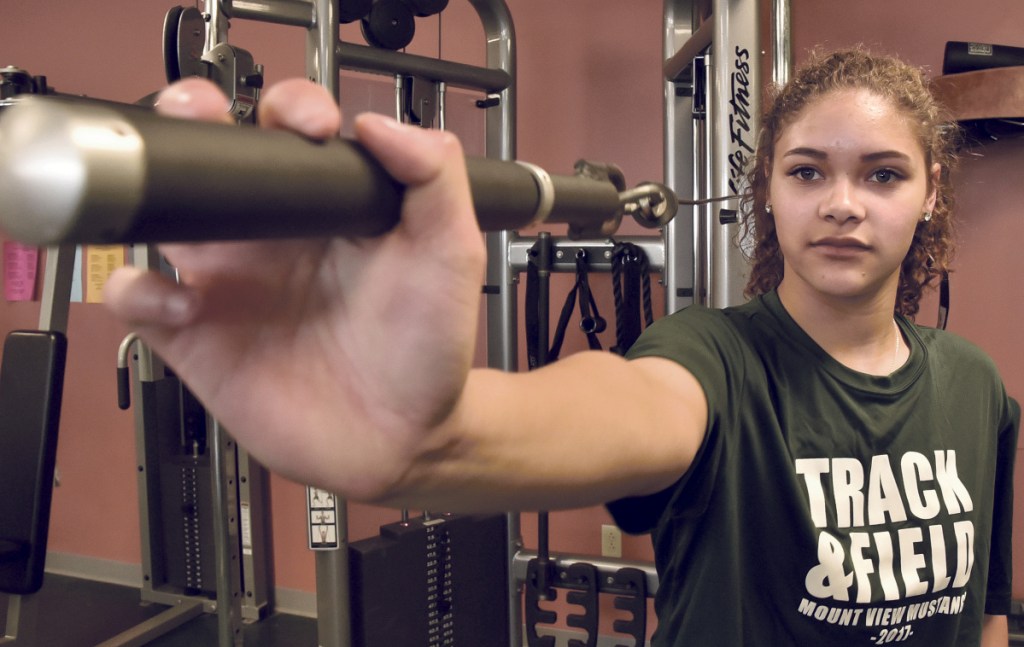 Mount View's Shala Davis utilizes the fitness room during practice Tuesday in Thorndike.