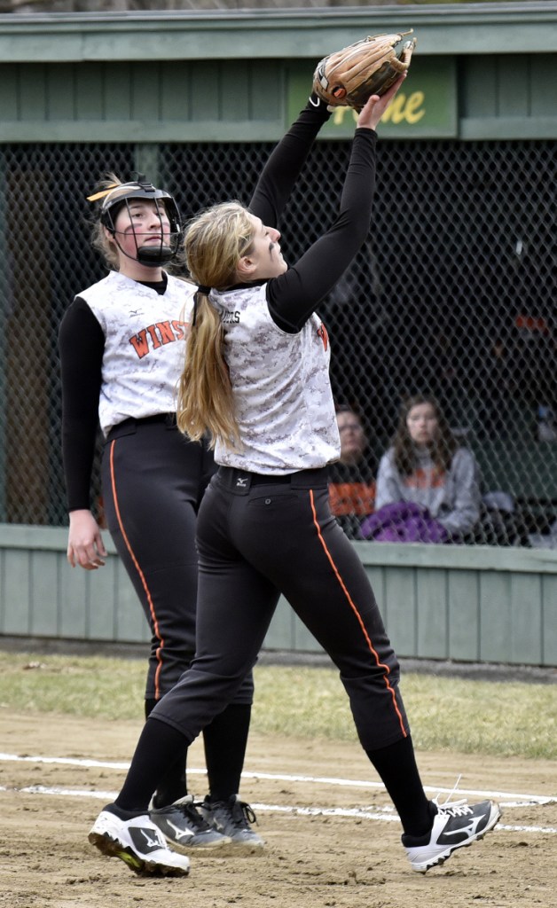 Winslow pitcher Broghan Gagnon fields a pop-up for the out against Waterville on Wednesday in Winslow.