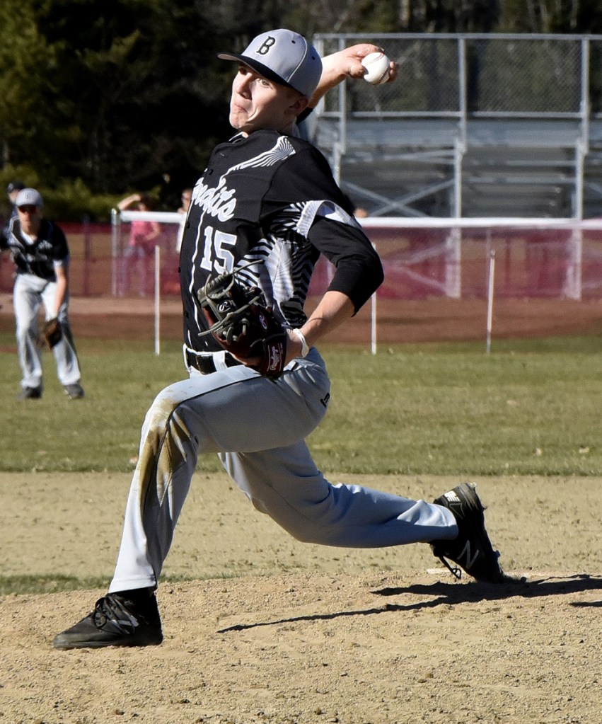 Staff photo by David Leaming 
 Bridgeway's Evan Holzworth throws a pitch against Hall-Dale during a Mountain Valley Conference game Monday in Farmingdale.