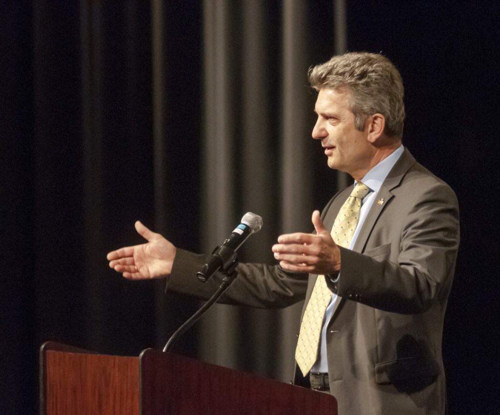 German Consul General Ralf Horlemann speaks on Thursday at Cony High School in Augusta.