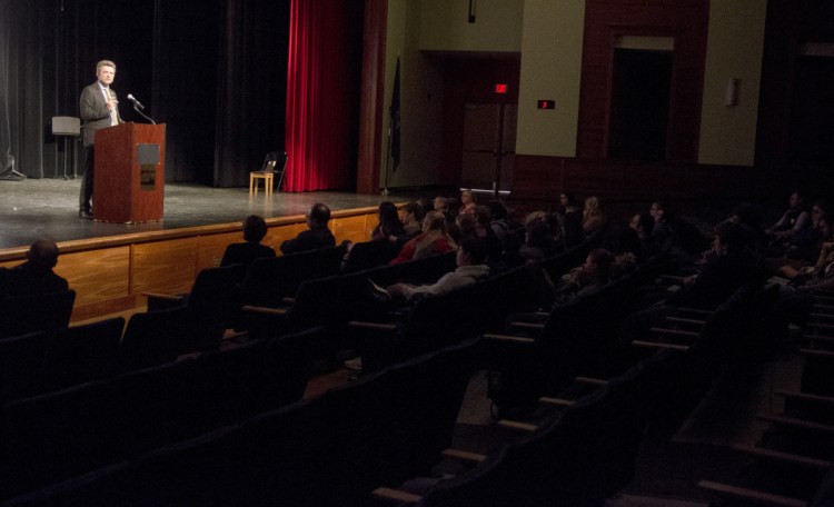 German Consul General Ralf Horlemann speaks on Thursday at Cony High School in Augusta.