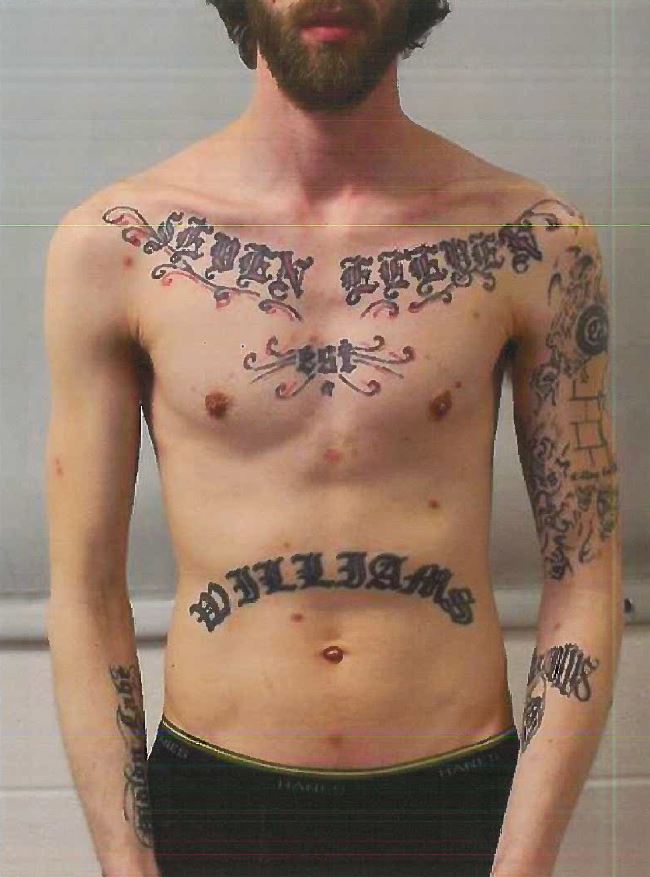 The FBI released this photo of John Williams' tattoos. Williams, 29, is suspected of killing Cpl. Eugene Cole of the Somerset County Sheriff's Department.