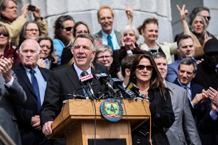 Vermont Republican Gov. Phil Scott speaking on  before signing the gun restrictions bills this month.