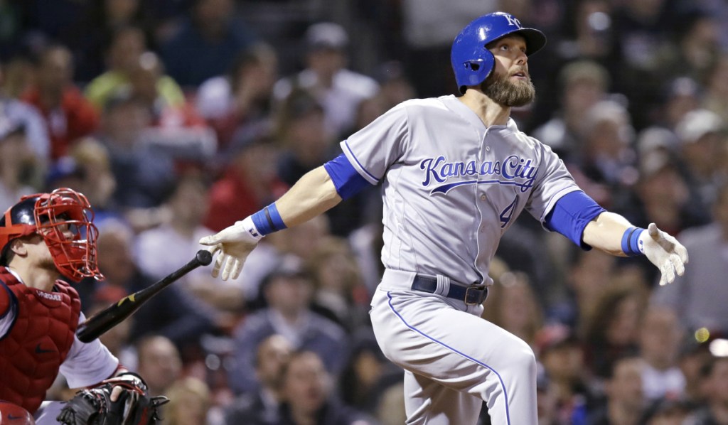 Kansas City's Alex Gordon watches the flight of his tying solo home run off Boston relief pitcher Craig Kimbrel in the top of the ninth inning on Tuesday in Boston.