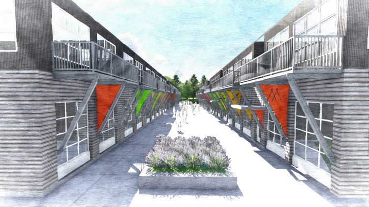 Plans call for two sets of two-story buildings flanking a shared plaza. The live-work spaces would have 12-foot ceilings with overhead doors on the first floor and living space in the loft.