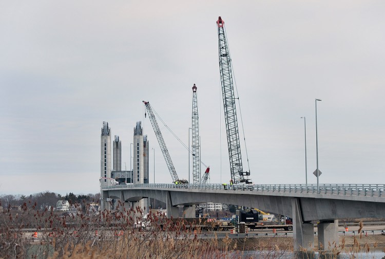Work continues Thursday on the Sarah Mildred Long Bridge between Portsmouth, N.H., and Kittery, seen on March 29.