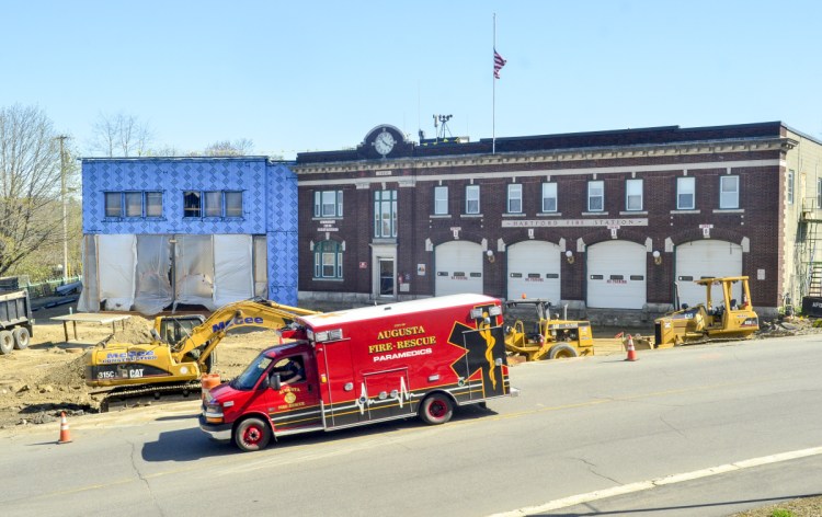 The driveway at Hartford Fire Station in Augusta, seen Tuesday, is excavated during a major construction project. Firefighters are working at other stations in the meantime.