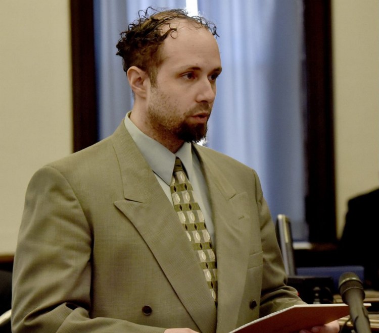 Luc Tieman looks directly at the jury while giving closing statements in his trial for the murder of his wife, Valerie Tieman, in Somerset County Superior Court in Skowhegan on April 9. The jury forewoman, Rose Gray, said Tieman "was very unbelievable."