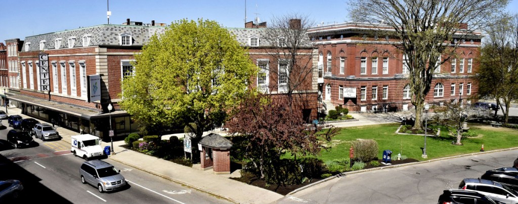 Castonguay Square, seen here May 9, is a green oasis in downtown Waterville beside City Hall and the Center. The Waterville Creates! organization has been awarded a $75,000 grant from the National Endowment for the Arts to plan the redesign of the square.