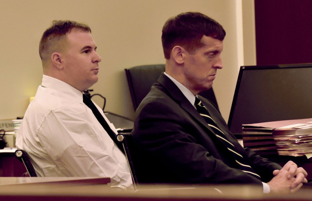 Defendant Jeremy Clement, left, and his attorney, Walter McKee, listen to opening statements Monday during the first day of Clement's jury trial on charges of attempted murder in Kennebec County Superior Court in Augusta.