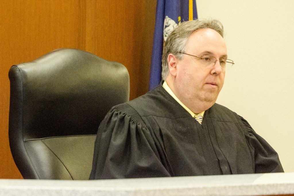 Justice Daniel Billings listens to closing arguments in Aubrey Armstrong's murder trial on Tuesday at the Capital Judicial Center in Augusta.